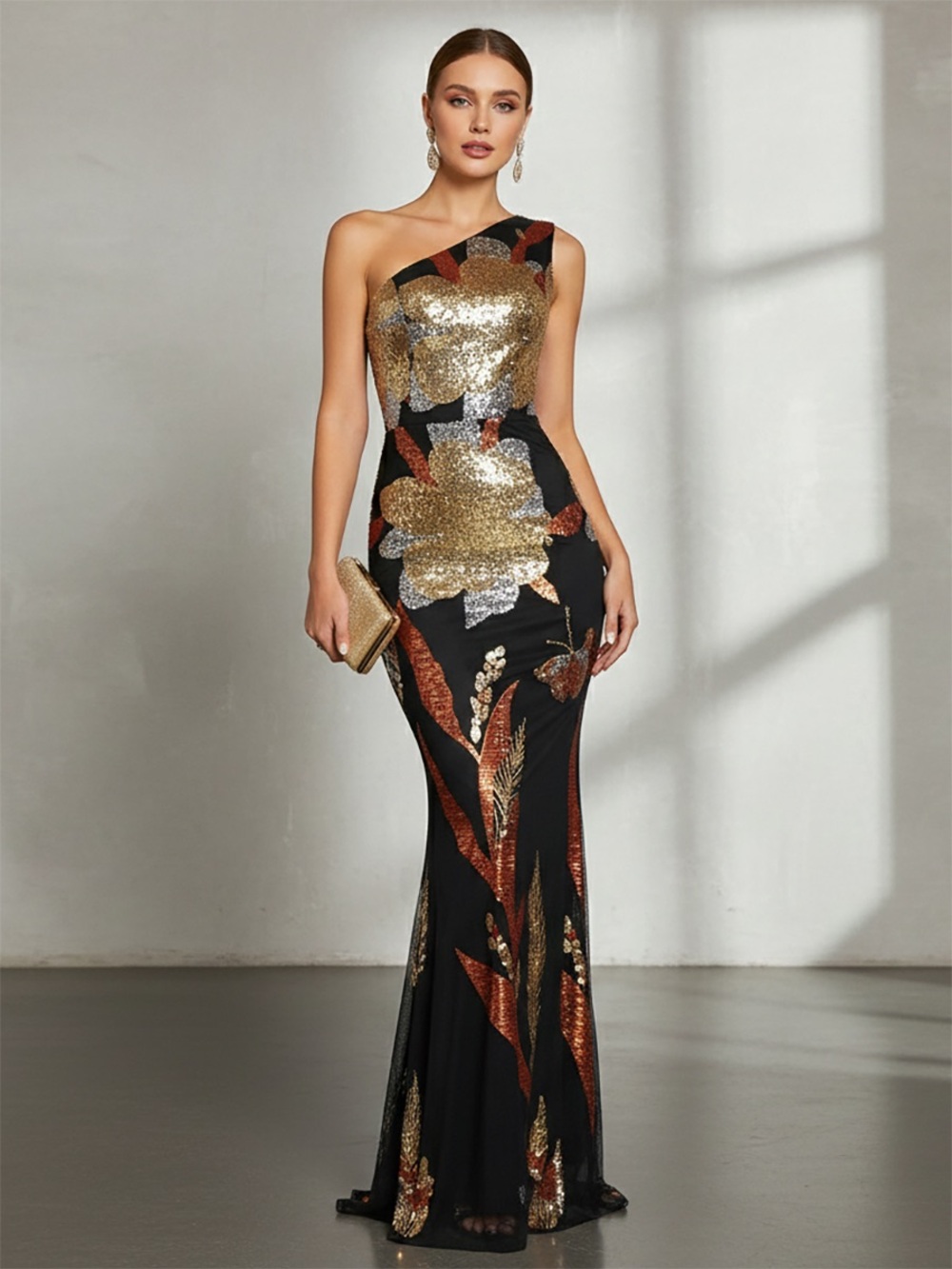 MISSORD Mermaid One Shoulder Floral Sequin Dress gown xl